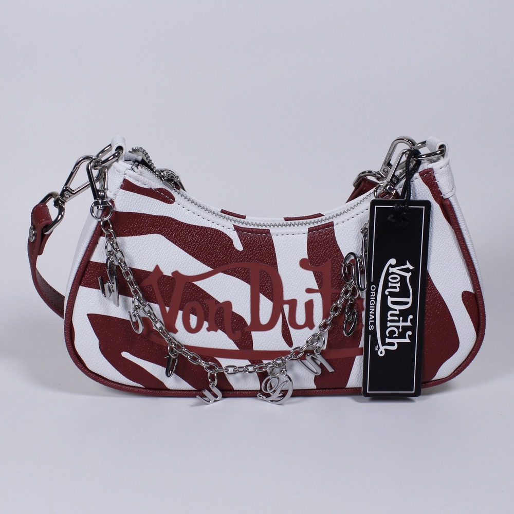 Von Dutch Y2K Baguette Bag Burgundy Zebra Shoulder Purse Charm Chain Handbag NWT